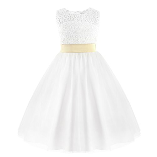 IEFIEL Vestido Blanco de Princesa Fiesta Ceremonia Boda Vestido Encaje Floreado Bautizo para Niña (2-12 Años) Espalda al Aire Blanco 6 Años