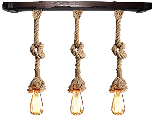 Lámpara con cuerda de yute 30 mm vintage y madera. De 3 luces E27
