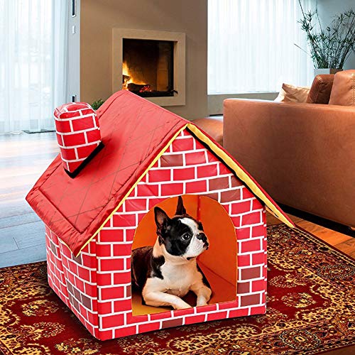MeterMall Casa de ladrillo rojo para perro desmontable y lavable cama para habitación individual Chimenea, casa para perro, criadero tienda de campaña nido perros gatos casa