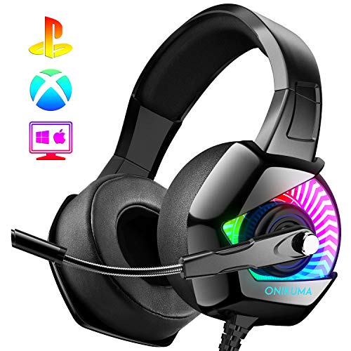 ONIKUMA Auriculares Gaming -Cascos PS4 con Micrófono, Sonido Envolvente Luz Azul Cascos Xbox One Auriculares PC con Cancelación de Ruido