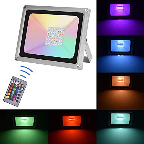 Sararoom 50W RGB Foco LED,IP65 focos led exterior,16 Colores Proyector LED,4 Modos,Con control remoto,para Jardín,bodas,Fiestas decoraciones(Ordinario)