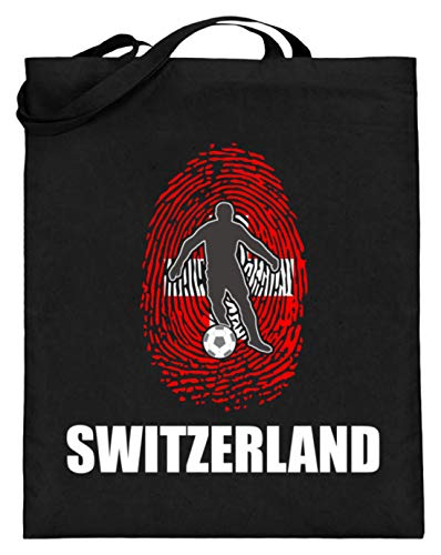 Bolsa de yute de alta calidad (con asas largas) – Camiseta de la selección suiza de Rusia 2018, para aficionados suizos, fútbol, huellas dactilares, diseño nacional, color Negro, talla 38cm-42cm