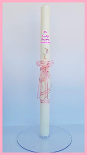 FIESTADEKOR Vela para Bautizo DE Cera Blanca. Medida 3 x 40CM Decorada con Lazo, Chupete Y CIGÜEÑA Adhesiva (Rosa Personalizada)