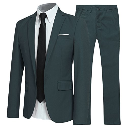 Traje de 2 piezas para hombre compuesto por chaqueta y pantalones, ajuste estrecho, para boda, cena,negocios, casual, disponible en 10 colores Verde verde oscuro Large