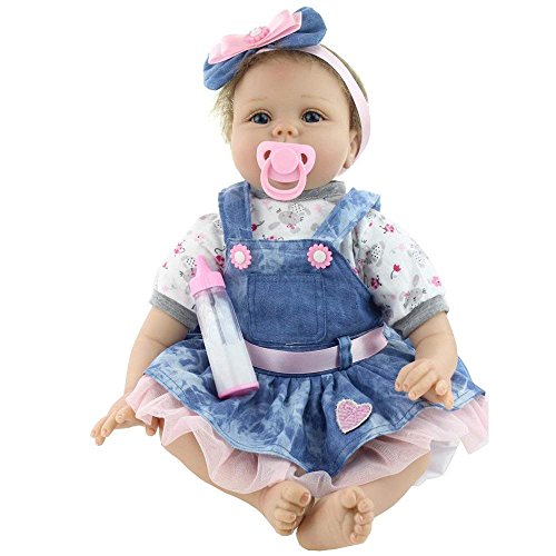 HAPA Muñeco Reborn Muñecas de bebé de 55cm Silicona Baby Doll Niña Realista - Ella Lleva una Falda de Mezclilla, Ojos Azules
