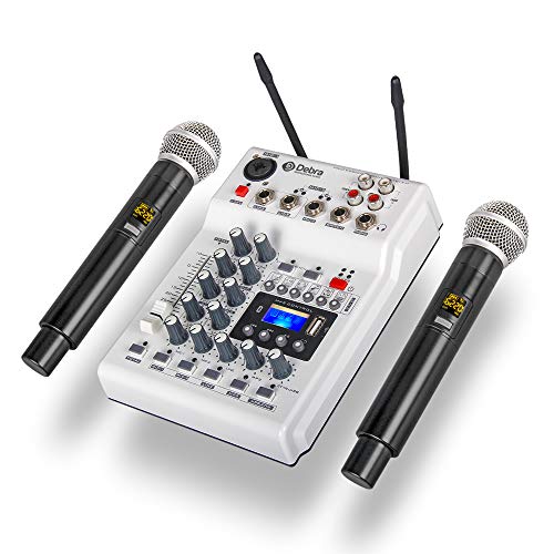 Debra Audio DJ Consola Mezclador de sonido con 2 canales UHF micrófono inalámbrico para Home Studio Grabación DJ Network Live Karaoke