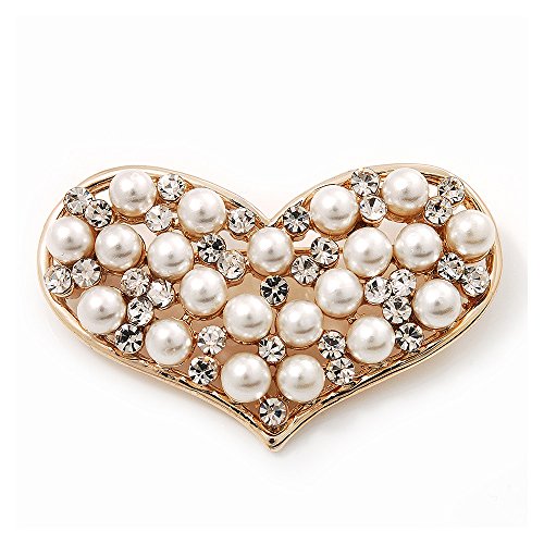 Broche 'corazón' Diamante perla falsa chapado or- longitud 4,5 cm