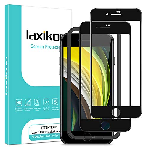 laxikoo 2 Piezas Protector Pantalla para iPhone SE 2020 /iPhone 8/7 (4,7''), Cobertura Completa Cristal Templado [Marco Instalación Fácil], Dureza 9H Vidrio Templado [Sin Burbujas] [Anti-Arañazos]