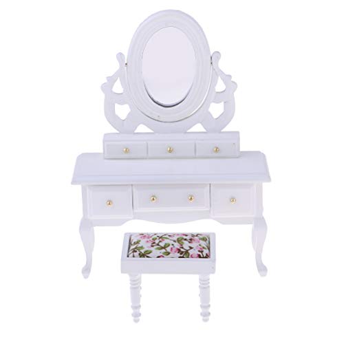 P Prettyia Miniatura Muebles de Madera Roja Mesa de Tocador y Taburete Decoraciones Bricolaje para Dollhouse 1/12 - Blanco