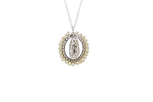Kokomorocco Medalla Virgen de Guadalupe de Plata de Ley Bordeada de Perlas con Cadena Ajustable Regalos Originales Regalo Dia de la Madre