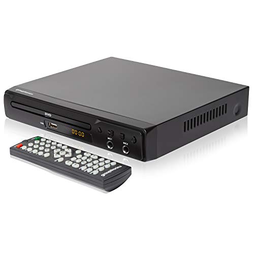 Grouptronics GTDVD-1000 - Reproductor de DVD compacto multiregión HDMI, escala 1080, soporte para DVD y CD-G, conecta hasta dos micrófonos de karaoke y reproducción USB - Mando a distancia incluido