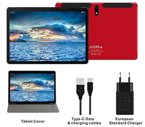 J5 Tablet JUSYEA : Ultra-Portátiles de 10 Pulgadas Android 9.0 Pie Tableta - RAM 4GB | 64GB Expandible (Certificación Google gsm) - Batería de 8000mAh-SIM Dual & WiFi—Cubierta (Rojo)