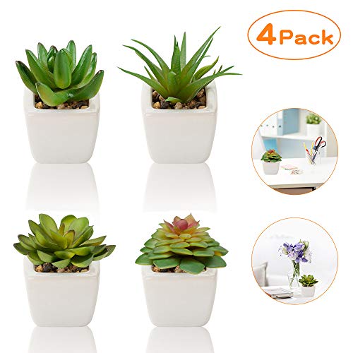 Plantas Suculentas Artificiales 4 Piezas, Plantas Falsas Pequeñas Mini Plantas Suculentas en Macetas, Planta Decorativa de Fuax para el Hogar Casa Mesa Balcón Oficina Interior Decoración Accesorios