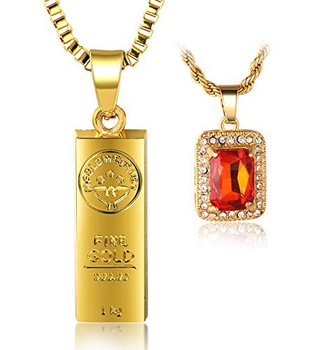 Halukakah ● In Gold We Trust ● Hombres 18K Oro Verdadero Plateado Barra de Oro Rubi Rojo Colgante Collar 2 Conjuntos de Cadena con Cadena de Cajas 30" Cadena de Cuerda 24" Gratis