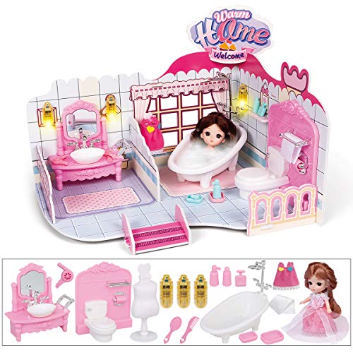 RuiDaXiang Casa de muñecas, baño con Muebles, iluminación, Mini muñeca.Juguetes de casa de muñecas para niñas (Baño-Rosado)