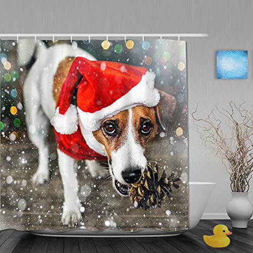 SUHOM Cortina de Ducha,Pequeño Perro Adorable Jack Russel Terrier en Traje Rojo de Santa Claus,Tejido de poliéster - con Gancho,180x210