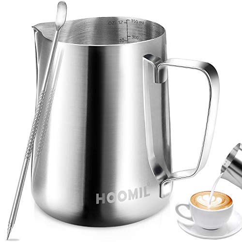 HOOMIL Jarra para Leche para Espumar de Acero Inoxidable para Café y Latte Art (12fl.oz/350ml)