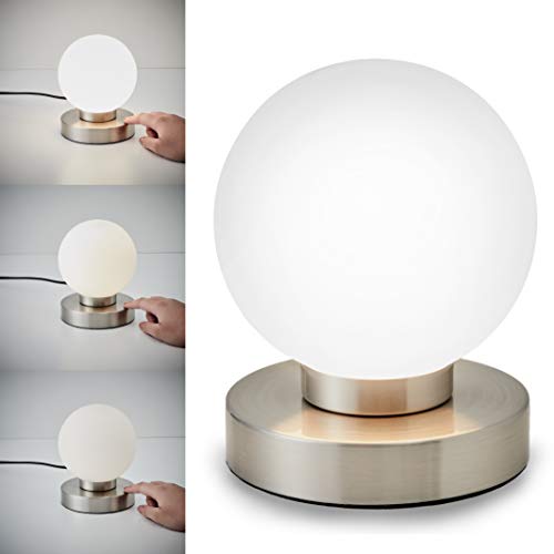 Lámpara de mesa táctil máx. 25 W E14, Ø15,7cm, 4 niveles de luminosidad, Lamparilla de noche moderna, Color blanco, IP20