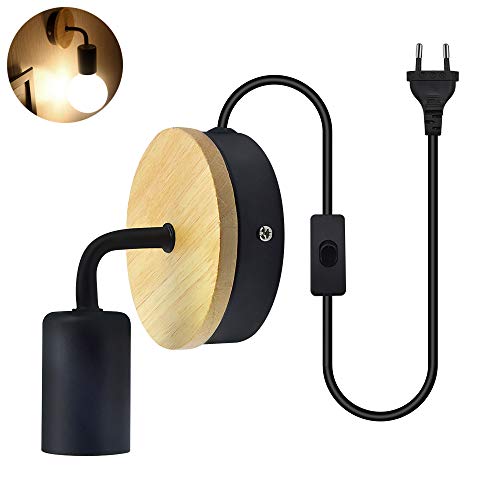 Bonlux Negro E27 Led Lámpara Vintage Retro de Pared, Portalámpara E27 con Interruptor, Lámpara Industrial Lofty para Exterior, Interior (con EU Enchufe, sin Bombilla)