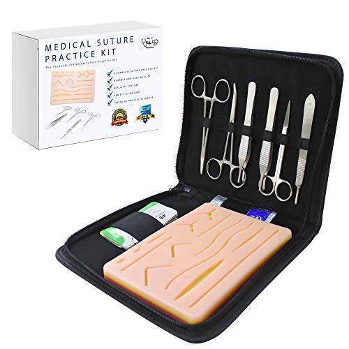 Kit de sutura | Videos de sutura GRATIS incluidos | Kit de sutura perfecto para practicar con 14 lesiones reales | Gran regalo | Almohadilla de sutura de silicona duradera | Tamaño Grande 17x12cm