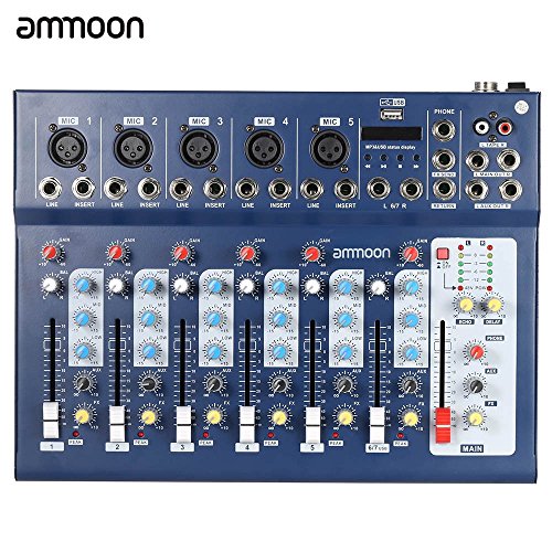 ammoon 7 Canales Línea Mic Digital Audio Sonido Consola de Mezcla del Mezclador con Entrada USB 48V Poder Fantasma 3 Bandas de Ecualización para la Grabación de DJ Etapa Karaoke Apreciación Musical