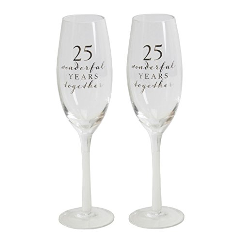 Juego de 2 Happy 25th aniversario de boda copas de champán de cristal, en caja de regalo