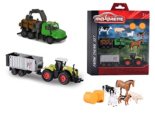 MAJORETTE 212058583 – Farm Set, de 10 piezas para la Granja con un tractor, colgante, madera Transporter diferentes animales y accesorios , color/modelo surtido