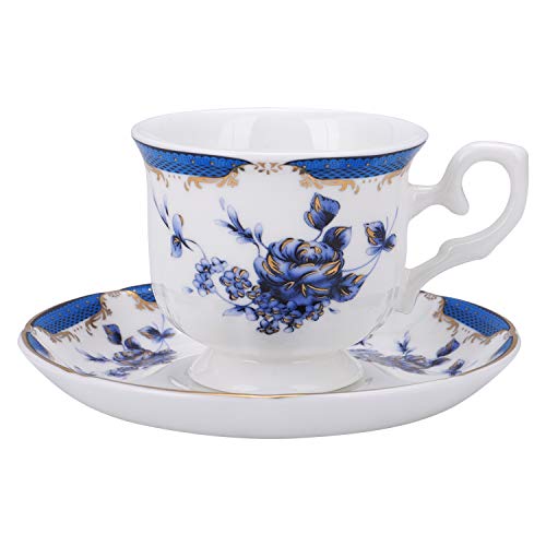 fanquare Vintage Taza de Café Espresso de Rosa Azul, Juego de Taza de Té con Plato de Porcelana Inglesa, 160 ml