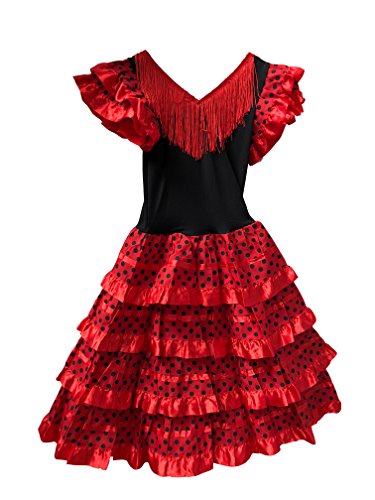 Vestido Flamenco Disfraz Sevillanas Rosa Rojo Topos (Rojo, 4-5 Años)