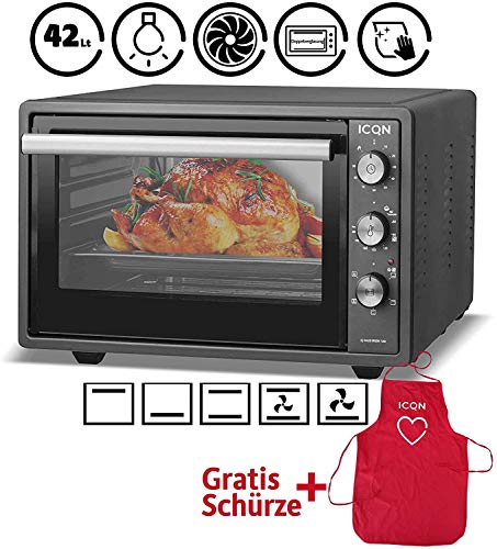 ICQN mini horno con aire forzado | Horno de pizza | Mini horno | Iluminación interior Doble acristalamiento | Función de temporizador | Esmaltado (antracita, 42 litros)