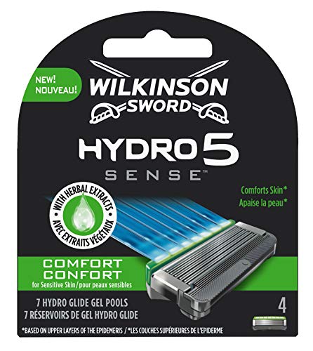 Wilkinson Sword Hydro 5 Sense COMFORT - Recambio de Cuchillas de Afeitar de 5 Hojas Ultradeslizantes para Hombres , Banda Lubricante Calmante con Extractos de Hierbas, 4 Unidades