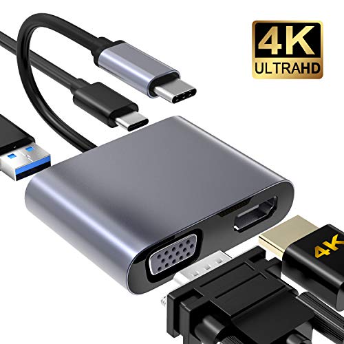 Adaptador USB C a VGA HDMI, ElecMoga 4 en 1 Tipo C a 4K HDMI/VGA/USB 3.0/USB C PD de Carga multipuerto Adaptador Compatible con MacBook Pro/Air, Nintendo, DELL, HP, Samsung S8/S9, Huawei P30 y más