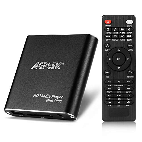 AGPTEK Mini HD TV Media Player con Adaptador USB 1080P - MKV/RM-SD/USB HDD-HDMI Support HDMI CVBS and YPbPr Video Output with Remote Controller and Power Adapter 5V 2A - Negro