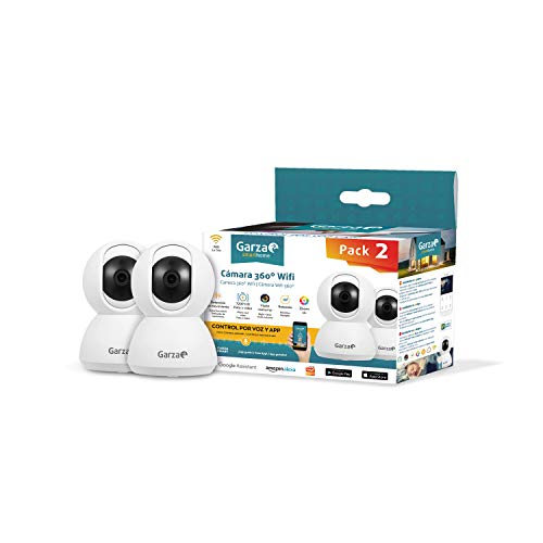 Garza Smarthome - Pack de 2 Cámaras WiFi Inteligentes 360 para Seguridad, HD 720p, visión Nocturna y Zoom, Control por Voz y App, Alexa, iOS, Google, Android