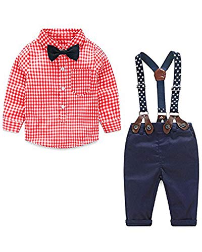 Ropa de Bebe Niño Camisa a Cuadros roja + la Pajarita + pantalón + Tirantes Traje de 4 Piezas Traje de comunion niño（Rojo，3-4 años）