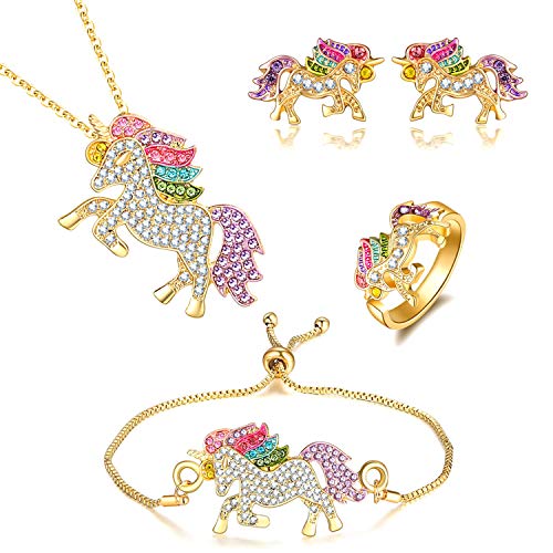 Whaline - Juego de 4 unidades de joyería de unicornio dorado, incluye collar, pulsera, pendientes, anillo y caja de regalo para niñas