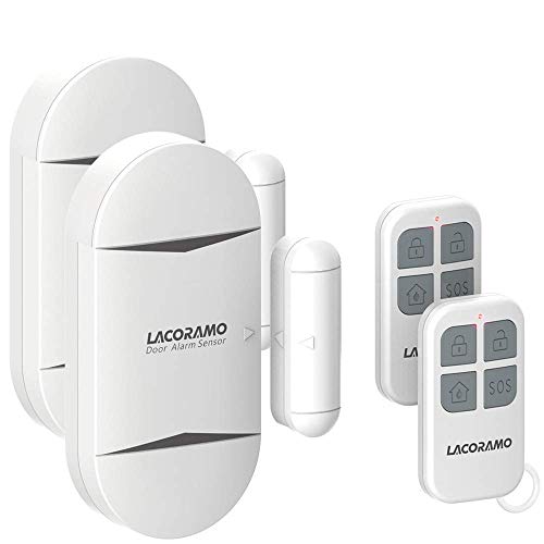 LACORAMO 130db Sensor de alarma para puertas y ventanas con 2 controles remotos, 2 baterías, campana de apertura de contacto magnético inalámbrico para niños, hogar, refrigerador, tienda (2 paquetes)
