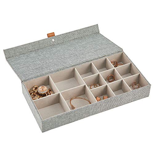 mDesign Joyero – Caja con tapa con 13 compartimentos de tela en 2 tamaños diferentes – Cajas organizadoras para pendientes, collares, pulseras, anillos y relojes – gris oscuro