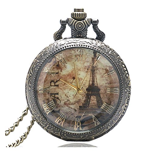 París Francia de la torre Eiffel de la mitad Hunter Bronce efecto envejecido/vintage caso reloj de bolsillo de cuarzo para mujer collar – en 32 pulgadas/80 cm cadena