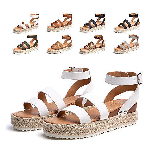 Sandalias Cuña Mujer Verano Tacon Plataforma Abierto Alpargatas Bohemias Correa de Tobillo Tacón 5.5cm Zapatos de Vestir Negro Marrón Amarillo Leopardo Número 35-43 EU Blanco 39