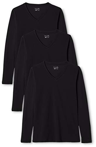 Berydale Camiseta de manga larga de mujer, con cuello de pico, lote de 3, en varios colores, Negro, S