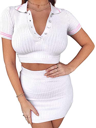 Traje Mujer Conjuntos Tejido de Punto Camiseta Mangas Largas con Botones + 1 Falda Corta Color Liso para Invierno (Blanco2, L)