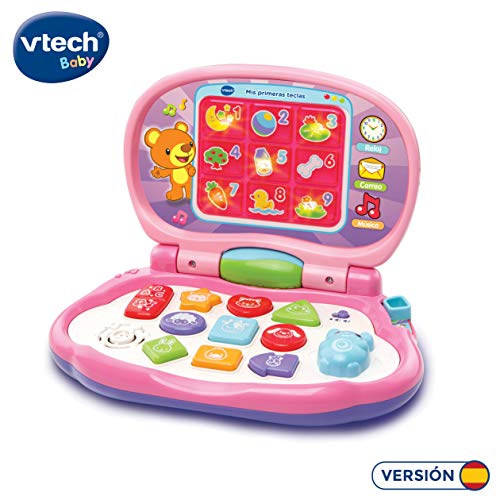 VTech-Mis primeras Teclas Ordenador Infantil con Tres Modos de Juegos Que enseña Animales, Colores, Formas y Notas Musicales, Rosa (3480-191257)