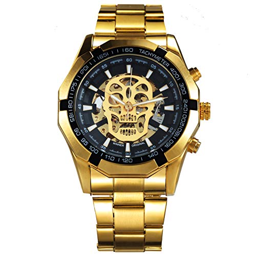 Reloj de pulsera de acero inoxidable, de CALUXE, lujoso, dorado, con diseño de calavera, mecánico, estilo steampunk