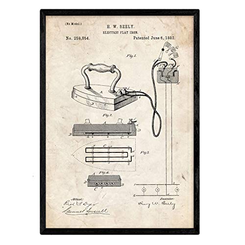 Nacnic Poster con Patente de Plancha electrica. Lámina con diseño de Patente Antigua en tamaño A3 y con Fondo Vintage