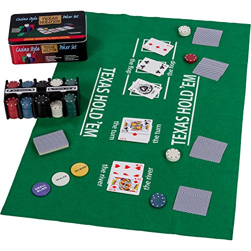 Set de póker / Blackjack en Caja de Metal, 200 fichas de póker, 2 Cubiertas, botón de repartidor, ciega pequeña, Gran ciega, tapete de Juego