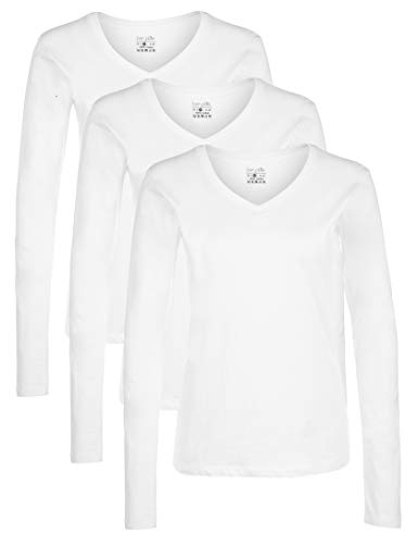 Berydale Camiseta de manga larga de mujer, con cuello de pico, lote de 3, en varios colores, Blanco, S