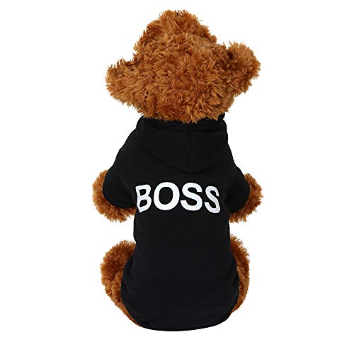 Fossrn Ropa Perro, Mascota Perrito Boss Patrones Impresos Sudadera con Capucha - Abrigo Ropa Perro pequeño Mediano Pomerania Yorkshire Chihuahua Toy (L, Negro)