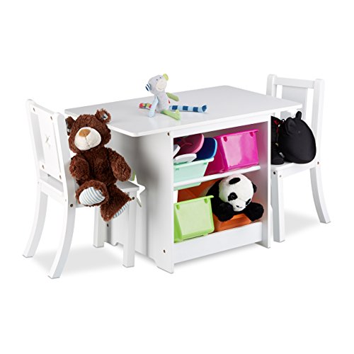 Relaxdays Mobiliario Infantil Albus con Espacio de almacenaje, Una Mesa & Dos sillas, Diseño Unisex, Blanco, Madera, plástico, Bianco, 56 x 75 x 46 cm