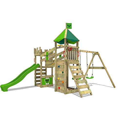 FATMOOSE Parque infantil de madera RiverRun Royal XXL con columpio y tobogán, Torre de escalada de exterior con arenero y escalera para niños